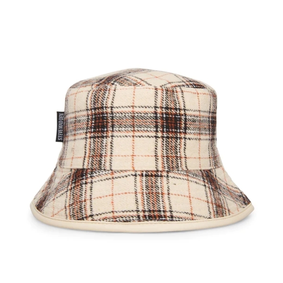 Steve Madden Women's Reversible Plaid Bucket Hat Cream Fabric - Picture 3 of 12